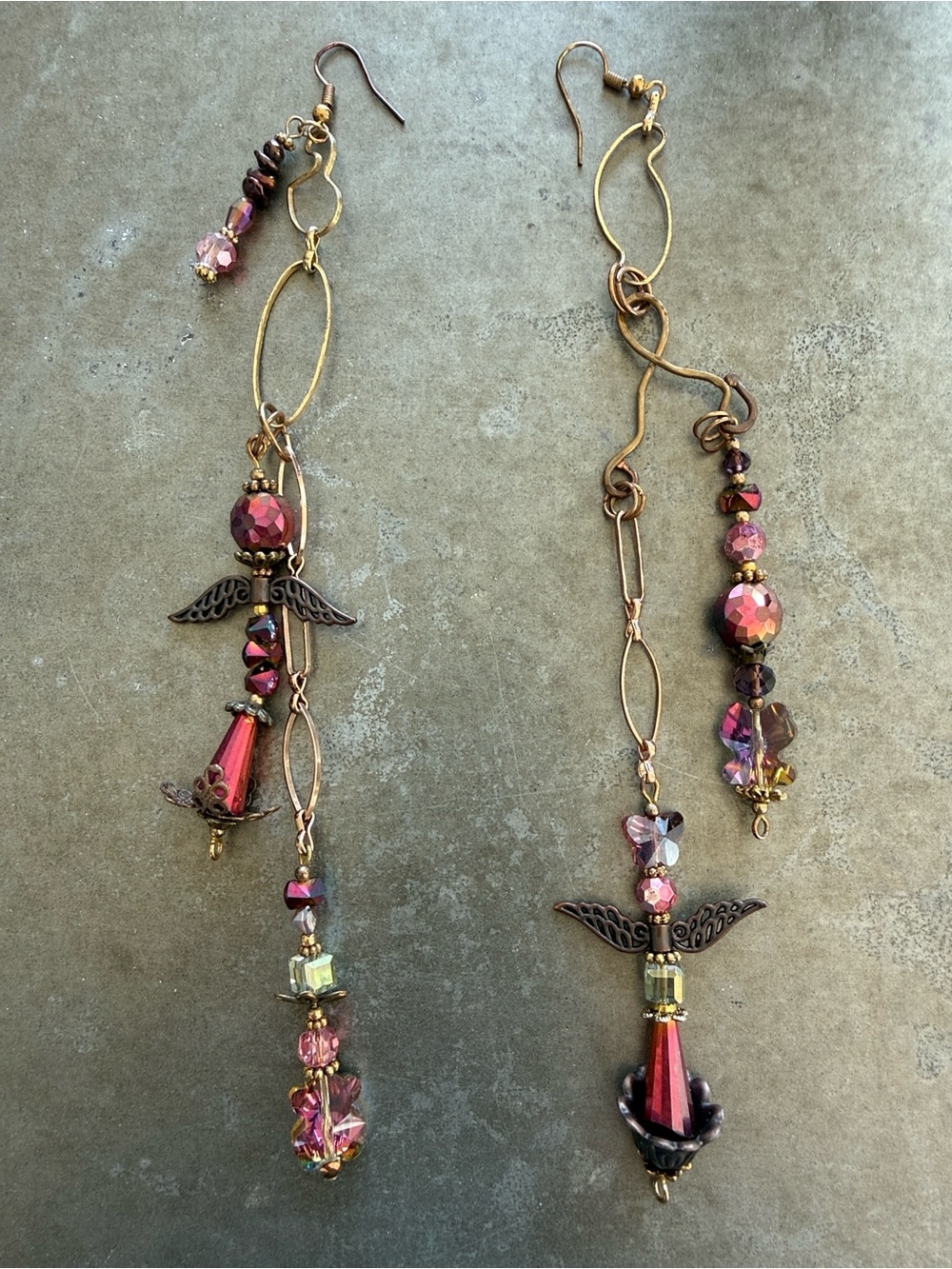 Handcrafted Pink Crystal Angel Drop Earrings - Artisan Jewelry